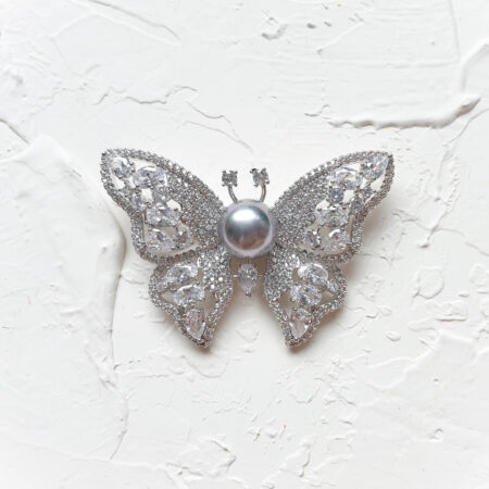 Butterfly Pearl Brooch - Rhodium White Gold, Black Pearl
