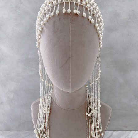 Woven Pearl Fringe Headpiece - White Silver