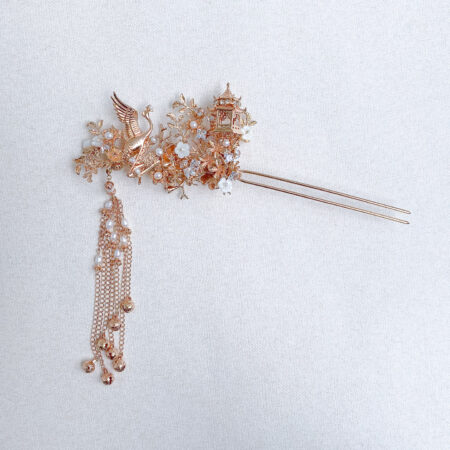 Flying Crane Treasure Pagoda Hairpin - Gold, White
