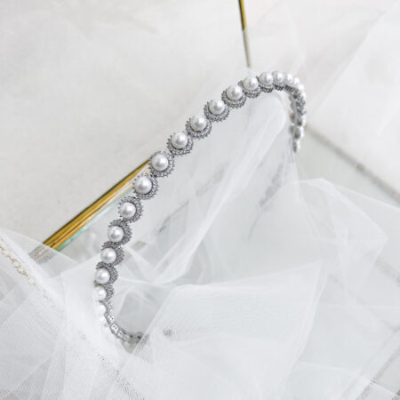Pearl Halo Large Headband - Rhodium White Gold, White Pearl