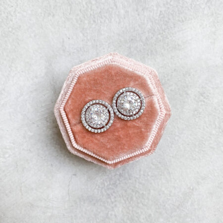 Round Halo with Extra Bezel Earrings - Rhodium White Gold, White Diamond