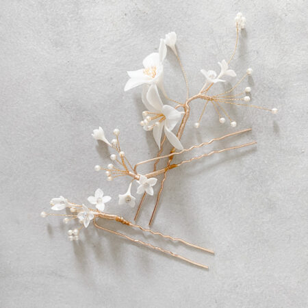 CC White Lily Hairpin Set - Gold, White (3 pcs)