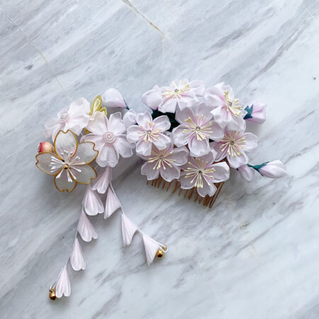 JK Pink Sakura Kanzashi Haircomb - Gold, Pink
