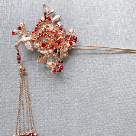 4D Flying Phoenix Blooms Hairpin - Gold, Red (Right)