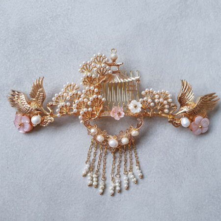 Crane Flowers Haircomb - Gold, Pink