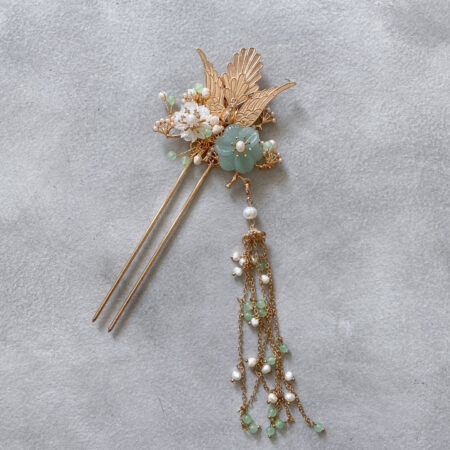 Phoenix Jade Flowers Hairpin - Gold (Left)