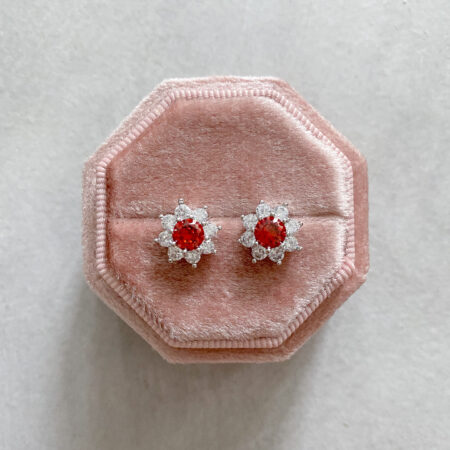 Round Paved Stud Earrings - Rhodium White Gold, Ruby (Needle)