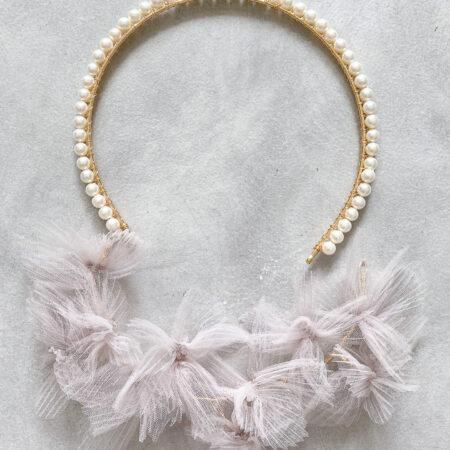 Taupe Pleated Tulle Flower Hairvine Set - White (2 pcs)