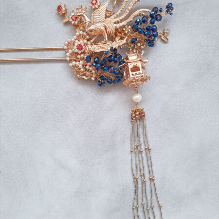 3D Phoenix Pagoda Hairpin - Gold, Navy