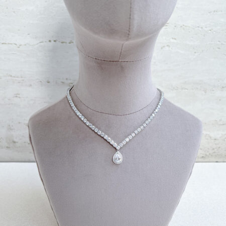 V Round 0.25 ct Tennis Choker with Double Bezel Pear Pendant Necklace - Rhodium White Gold