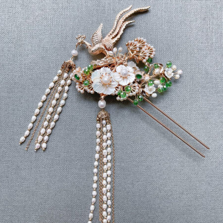3D Phoenix Flower Hairpin - Gold, Emerald