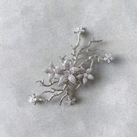 Paved Flower Branch Small Hairvine/Brooch - White Gold