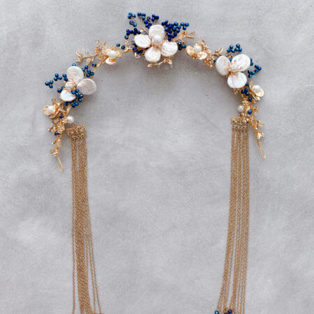 Floral Pearl Headband - Gold, Navy