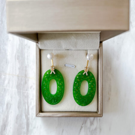 Carved Oval Hollow Jade with Pearl Earrings - 18k Yellow Gold, White Pearl