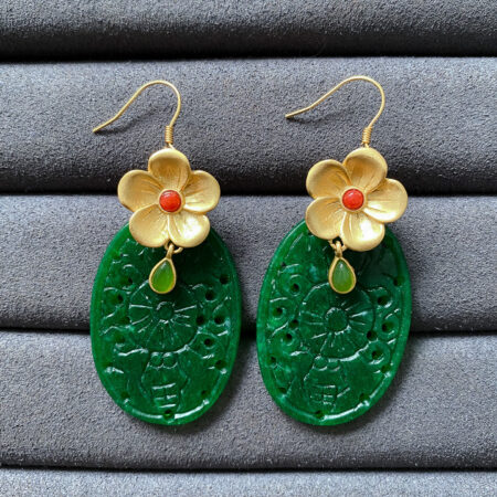 Carved Oval Jade Floral Earrings - 18k Yellow Gold, Jade