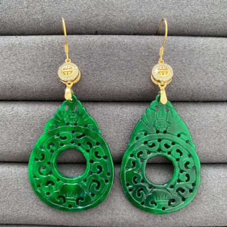 Double Happiness Carved Teardrop Hollow Jade Earrings - 18k Yellow Gold, Jade