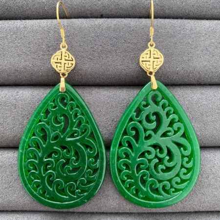 Double Happiness Carved Teardrop Jade Earrings - 18k Yellow Gold, Jade