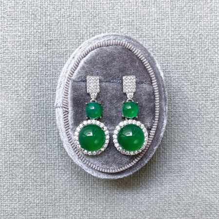 Superior Double Round Jade Drop Earrings - Rhodium White Gold, Jade
