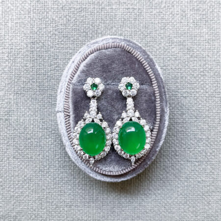 Superior Oval Jade Halo Earrings - Rhodium White Gold, Jade