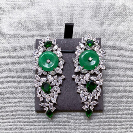 Superior Round Jade Emerald Earrings - Rhodium White Gold, Jade