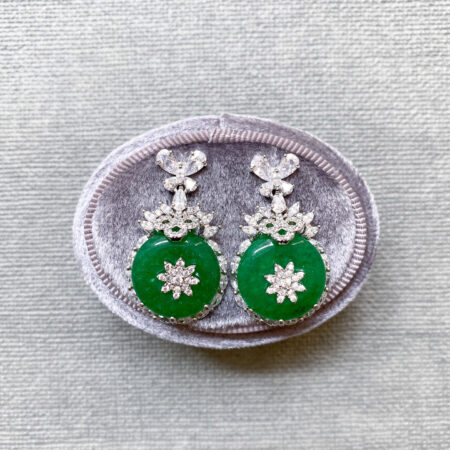 Superior Round Jade Flower Center Earrings - Rhodium White Gold, Jade