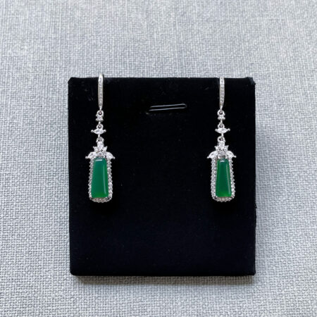 Superior Trapezium Bar Jade Halo Earrings - Rhodium White Gold, Jade