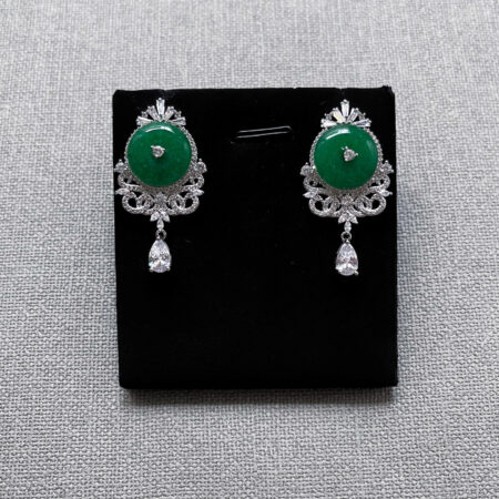 Superior Round Jade Ornamental Earrings - Rhodium White Gold, Jade