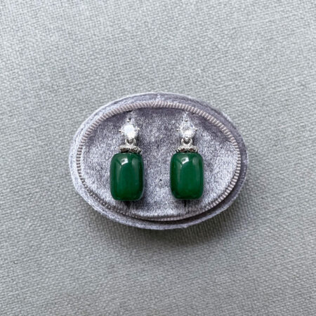 Tubular Jade Medium 10x14 mm with Round Solitaire Earrings - Rhodium White Gold, Jade