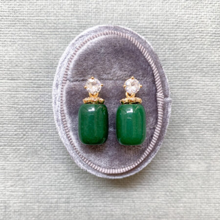 Tubular Jade Medium 10x14 mm with Round Solitaire Earrings - 18k Yellow Gold, Jade