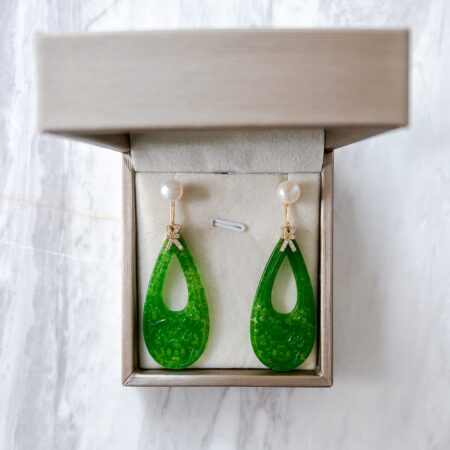 Carved Asymmetrical Teardrop Hollow Jade with Pearl Earrings - 18k Yellow Gold, White Pearl