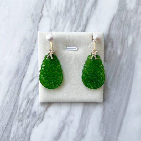 Carved Rounded Teardrop Small Jade with Pearl Earrings - 18k Yellow Gold, Jade
