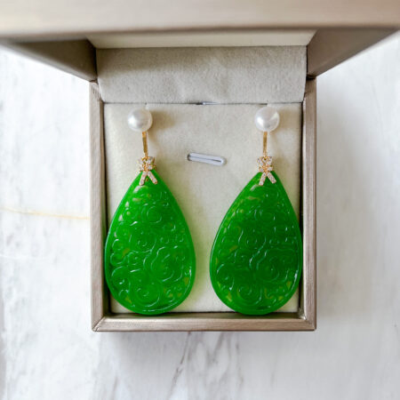 Carved Teardrop Large Jade with Pearl Earrings - 18k Yellow Gold, Jade