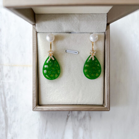 Carved Teardrop Small Jade with Pearl Earrings - 18k Yellow Gold, Jade