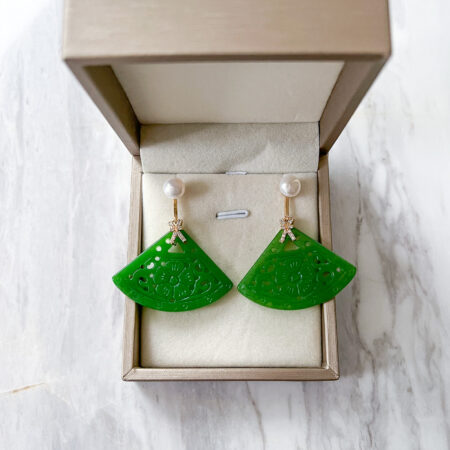 Carved Fan-Shaped Jade with Pearl Earrings - 18k Yellow Gold, Jade