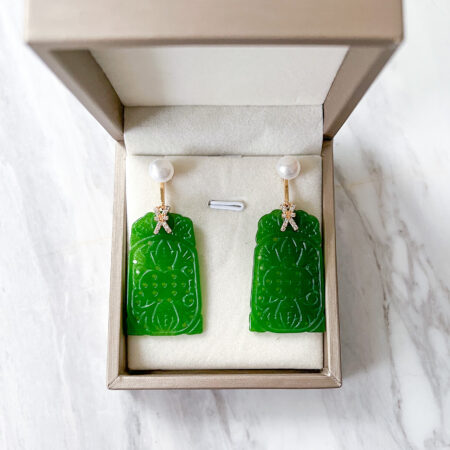 Carved Antique Trapezium Jade with Pearl Earrings - 18k Yellow Gold, Jade