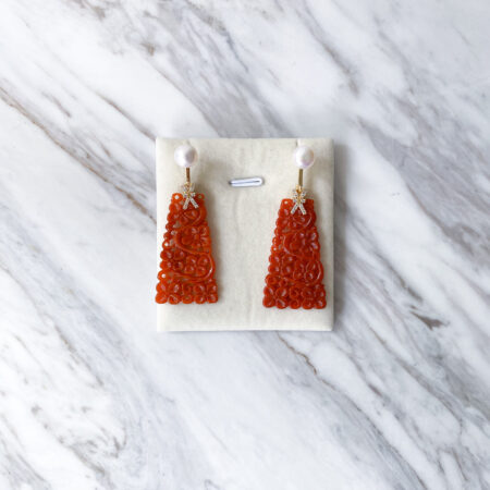 Carved Floral Trapezium Jade with Pearl Earrings - 18k Yellow Gold, Red