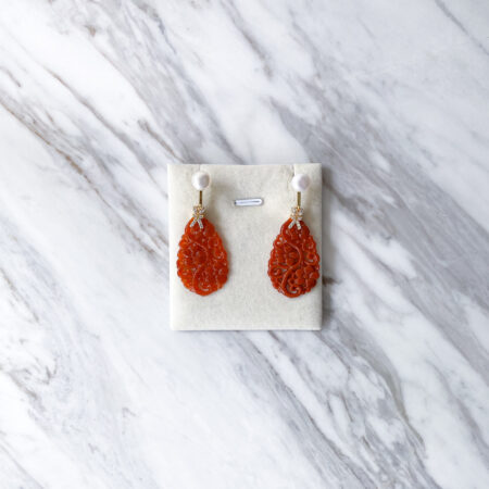 Carved Floral Teardrop Small Jade with Pearl Earrings - 18k Yellow Gold, Red