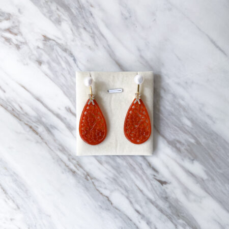 Carved Floral Teardrop Jade with Pearl Earrings - 18k Yellow Gold, Red