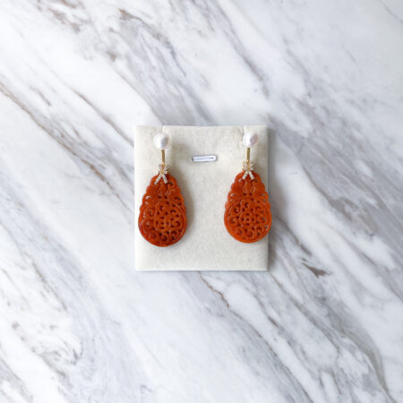 Carved Rounded Teardrop Small Jade with Pearl Earrings - 18k Yellow Gold, Red