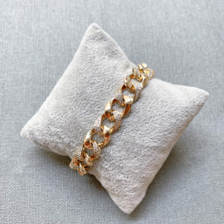 Large Half Paved Link Chain Bracelet - 18k Yellow Gold