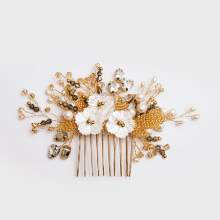 Shell Beaded Leaves Haircomb - Gold