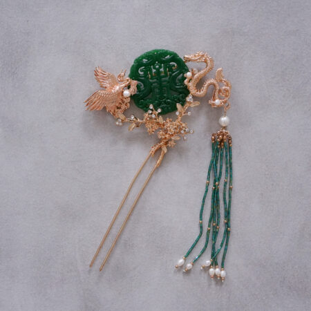 Crane and Dragon Jade Hairpin - Gold, Jade