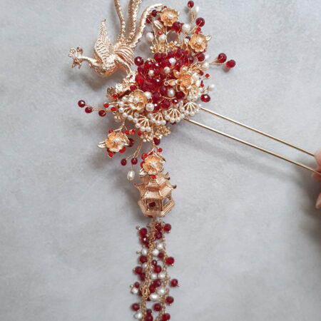 3D Phoenix Paradise Hairpin - Gold, Red