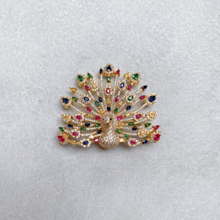 3D Peacock Brooch - 18k Yellow Gold, Rainbow