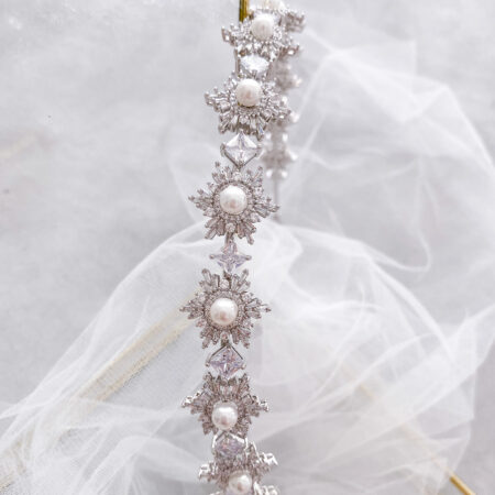Snowflakes Pearl Headband - Rhodium White Gold, White Pearl