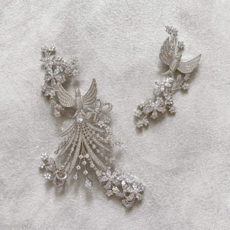 Birds in the Garden Side Hairvine Set/Brooch - White Gold (2 pcs)