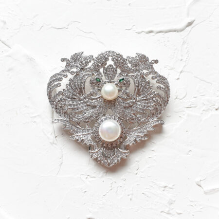 Twin Phoenix Pearl Brooch - Rhodium White Gold, White Pearl