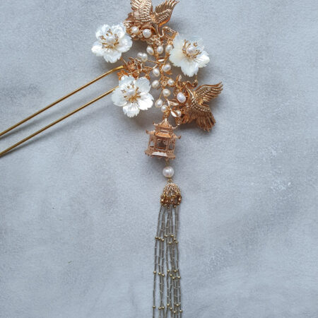 Crane Pagoda Flower Hairpin - Gold
