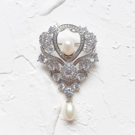 Royal Pearl Brooch - Rhodium White Gold, White Pearl
