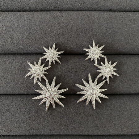 Star Studded Short Earrings - Rhodium White Gold